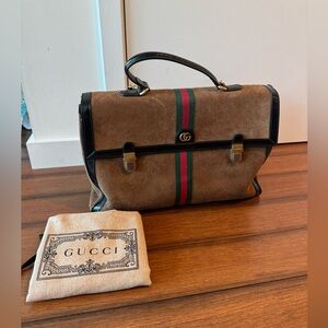 Gucci Brown Suede Briefcase with Green and Red Web Stripe